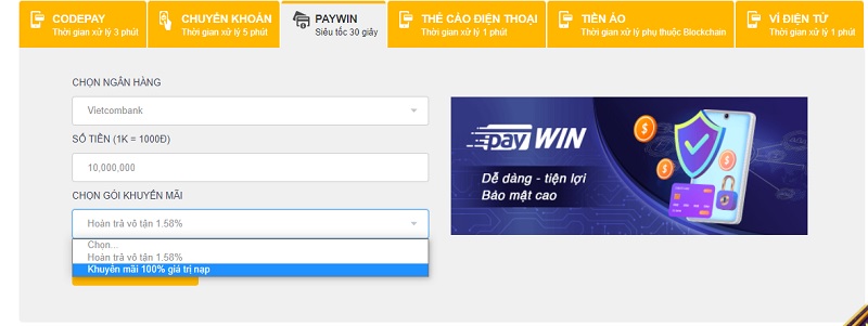 Nạp thẻ vào tài khoản qua Paywin