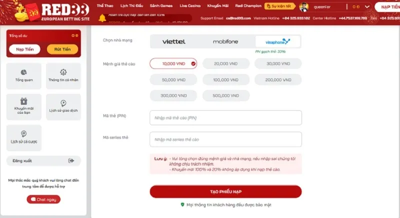 Nạp tiền red88 nhanh chóng hơn với thẻ cào điện thoại
