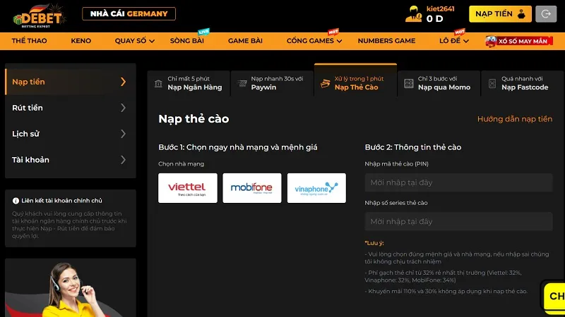 Giao diện nạp tiền bằng thẻ cào cực kỳ thân thiện