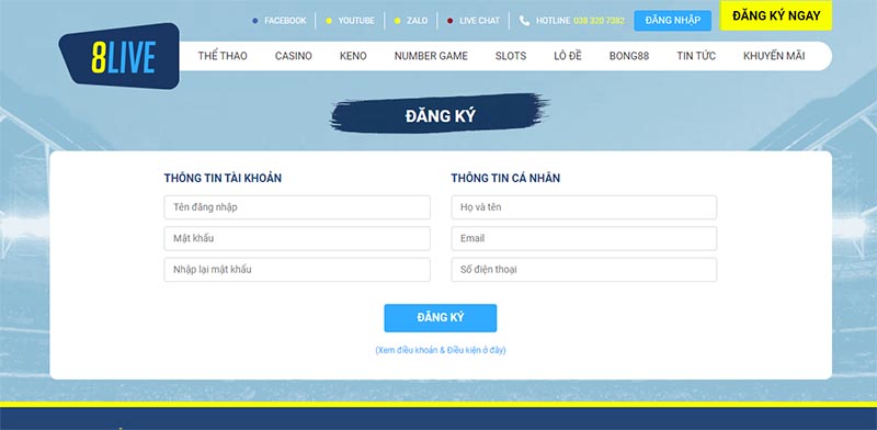 Điền thông tin đăng ký 8Live