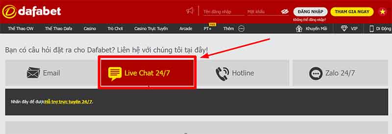 Liên hệ Dafabet qua live chat