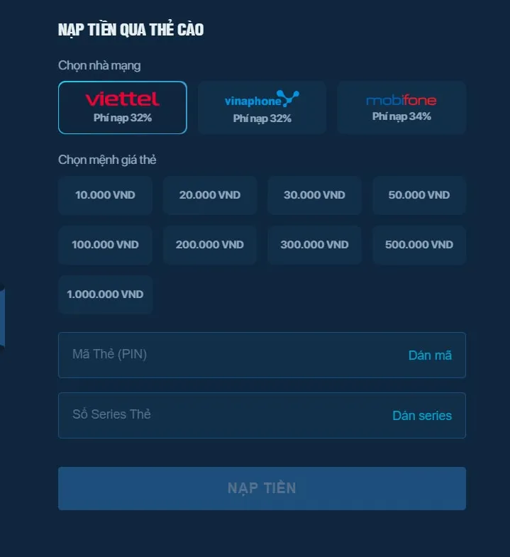 Nạp tiền lucky88 bằng thẻ cào