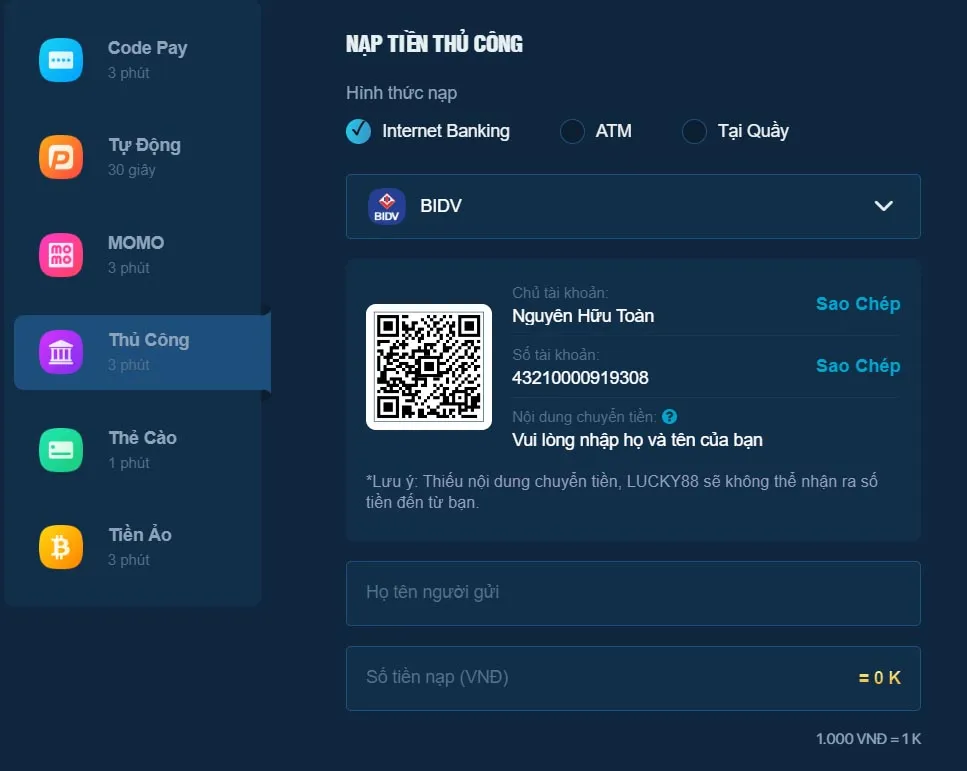Nạp tiền ngân hàng Lucky 88
