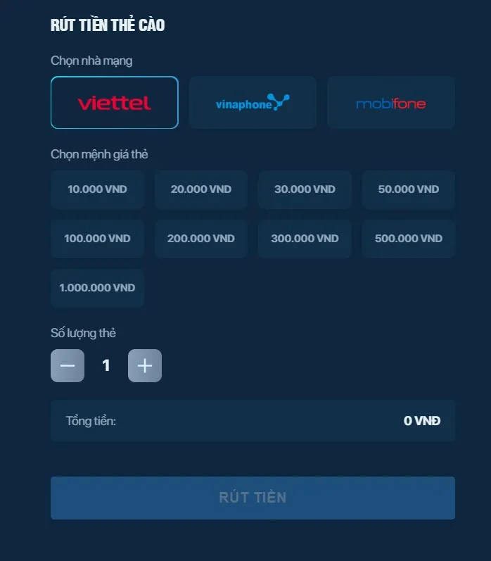 Rút tiền thẻ cào ở Lucky 88